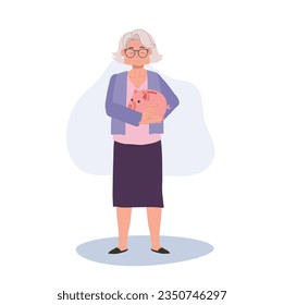 Retirement Savings Concept. Happy Elderly Woman Holding Piggy Bank. Smiling Senior Lady with Piggy Bank