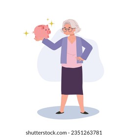 Retirement Savings Concept. Happy Elderly Woman Holding Piggy Bank. Smiling Senior Lady with Piggy Bank