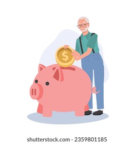 Concepto de Ahorro en Jubilación. Feliz anciano recogiendo dinero en el banco Piggy. Ilustración de dibujos animados de vector plano