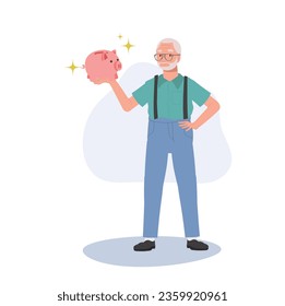 Retirement Savings Concept. Happy Elderly man Holding Piggy Bank. Smiling Senior man with Piggy Bank