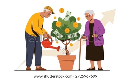 retirement savings concept illustration with elderly couple growing money tree, financial planning investment and pension growth design
