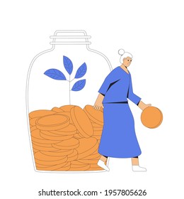 Retirement savings. Elderly woman with money. Old female character standing with jar of coins. Senior lady with moneybox. Vector color line art illustration.