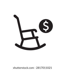 Retirement savings flat vector icon with rocking chair and dollar symbol representing pension planning, retirement fund, financial security, senior savings, and long term investment