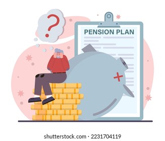 Retirement savings. Future pension plan. Senior character lost money from its IRA. Poor retiree with no money for future. Flat vector illustration