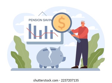 Retirement savings. Future pension plan. Senior character lost money from its IRA. Poor retiree with no money for future. Flat vector illustration