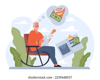 Retirement savings. Future pension plan. Senior character lost money from its IRA. Poor retiree with no money for future. Flat vector illustration