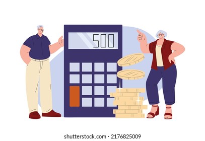 Retirement Savings. Happy Old Couple Calculating Money. Rich Grandparents, Coins And Calculator. Financial Independence Retired Vector Concept