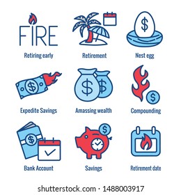 Retirement Savings Icon Set with money bags, nest egg, calendar and more