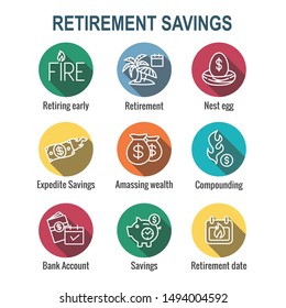 Retirement Savings Icon Set with money bags, nest egg, calendar and more