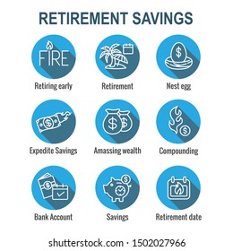 Retirement Savings Icon Set with money bags, nest egg, calendar and more