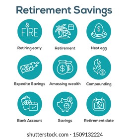 Retirement Savings Icon Set with money bags, nest egg, calendar and more