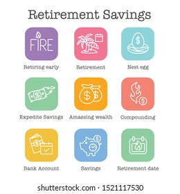 Retirement Savings Icon Set with money bags, nest egg, calendar and more