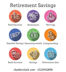 Retirement Savings Icon Set with money bags, nest egg, calendar and more