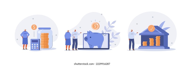 Retirement savings illustration set. Senior characters investing money in private and federal pension fund. Retirement program planning concept. Vector illustration.