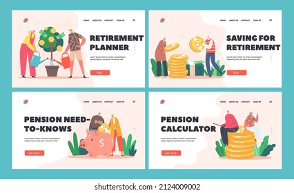 Retirement Savings Landing Page Template Set. Senior Characters Watering Money Tree, Old Man and Woman Put Coin into Piggy Bank, Grandparents Sitting on Coin Pile. Cartoon People Vector Illustration