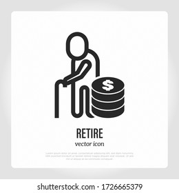 Retirement Savings. Pension Fund. Elderly With Stack Of Coins. Thin Line Icon. Vector Illustration.