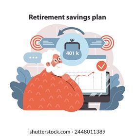 Retirement Savings Plan concept. Elderly person reviews 401(k) performance on computer, ensuring a stable financial future. Smart retirement strategy. Flat vector illustration.
