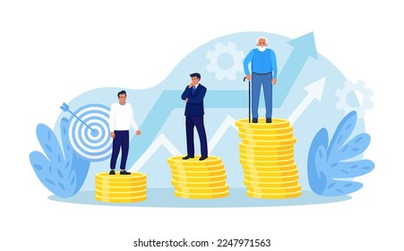 Retirement savings plan, financial investment growth. Pension management. Teenager, businessman, pensioner grandfather standing on stacks of gold coins money. People invest earning in pension fund