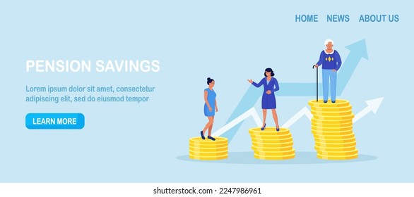 Retirement savings plan, financial investment growth. Pension management. Teenager, businesswoman, pensioner grandmother standing on stacks of gold coins money. People invest earning in pension fund