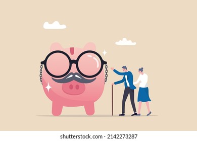 Retirement Savings Plan, Pension Fund Or Investment For Elderly, 401k Or Financial Asset For Retiree, Profit, Earning And Growth Concept, Elderly Retiree Couple Stand With Wealthy Old Aged Piggy Bank.