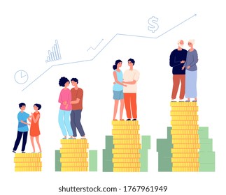 Retirement savings plan. Smart retired, pension management. Family money fund, aging man successful invests finance vector illustration