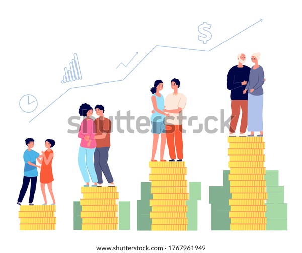 Retirement savings plan. Smart retired,\
pension management. Family money fund, aging man successful invests\
finance vector\
illustration