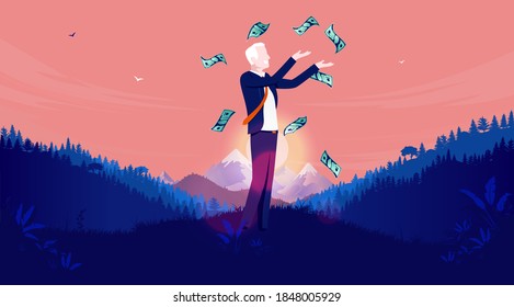 Retirement savings - Senior man with money standing outdoors, feeling free and having financial stability. Happy retirement concept. Vector illustration.