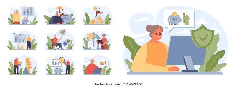 Retirement savings set. Future pension plan. Senior character successfully or ineffectively invests money to its IRA. Flat vector illustration