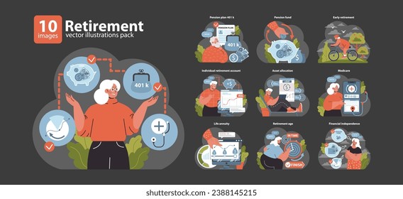 Retirement set. Navigating financial security in later years. Pension plans, individual accounts, and healthcare. Pursuit of a carefree, stable future. Flat vector illustration.