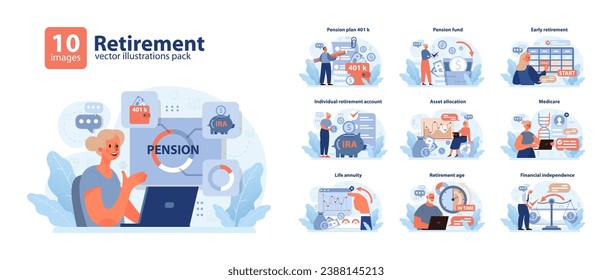 Retirement set. Navigating future finances. Pension plans, 401k, IRA, asset management, and Medicare essentials. Secure your golden years. Flat vector illustration.