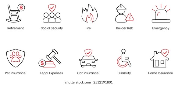 Aposentadoria, Seguridade Social, Incêndio, Risco De Construtor, Emergência, Seguro Contra Roubo, Despesas Legais, Seguro De Carro, Deficiência, Conjunto De Ícones De Vetor De Seguro Doméstico