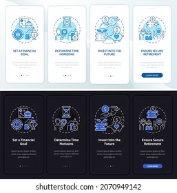 Retirement steps onboarding mobile app page screen. Set financial goal walkthrough 4 steps graphic instructions with concepts. UI, UX, GUI vector template with linear night and day mode illustrations