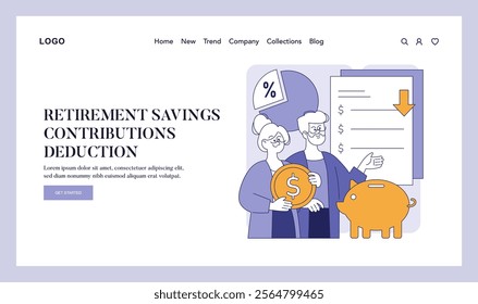 Retirement tax savings concept. Older couple with a piggy bank reviewing a document with tax deductions. Financial planning for seniors. Vector illustration.