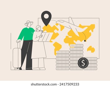 Retirement travel abstract concept vector illustration. Pension traveling, retirement savings, medical care, cover travel expenses, elderly people, insurance, trip destination abstract metaphor.