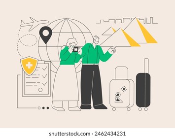 Ilustración vectorial de concepto abstracto de viaje de jubilación. Pensión de viaje, ahorros de jubilación, atención médica, cubrir gastos de viaje, personas mayores, seguro, destino del viaje metáfora abstracta.