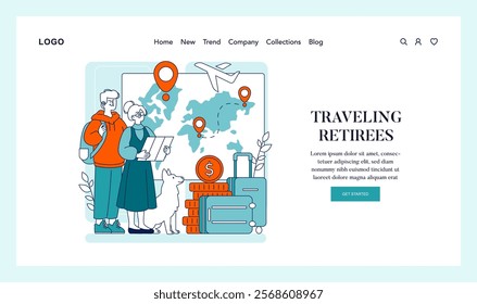 Retirement travel concept. Senior couple with dog planning a world tour, financial freedom to explore. Adventure awaits. Vector illustration.