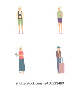 Retirement travel icons set cartoon vector. Old people active healthy lifestyle. Hobby, pastime