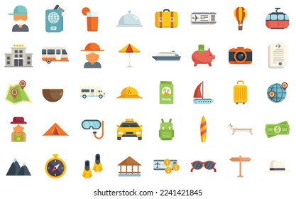 Retirement travel icons set flat vector. Insurance safety. Medical life isolated