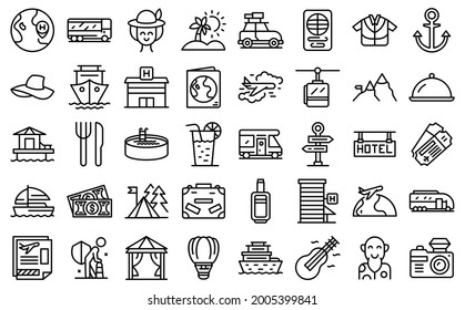 Retirement travel icons set outline vector. Health insurance safety. Medical travel policy