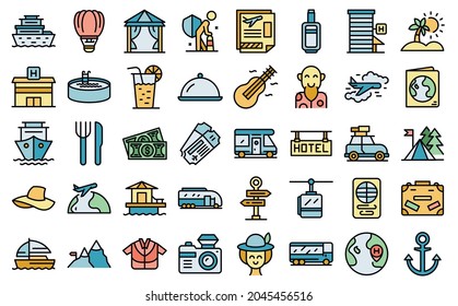 Retirement travel icons set outline vector. Health insurance safety. Medical travel policy