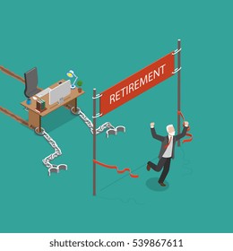 Retirement vector flat isometric illustration. Man was chained to his work desk and was pulling it many years. Finally he has reached his retirement and he is very happy.