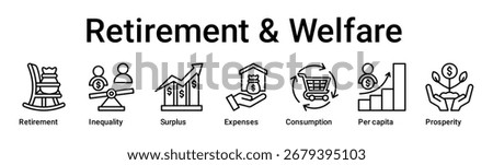 Retirement and Welfare banner web icon vector illustration concept for business with icon of Retirement, Inequality, Surplus, Expenses, Consumption, Per capita.