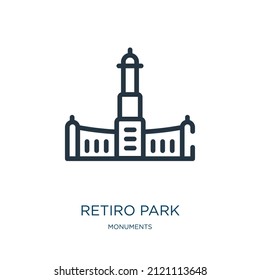 retiro park thin line icon. spain, tourism linear icons from monuments concept isolated outline sign. Vector illustration symbol element for web design and apps.