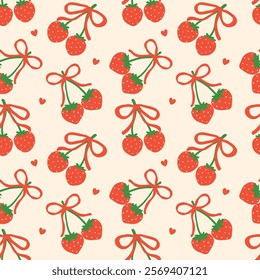Reto Coquette Valentine Heart Strawberry Bow Seamless Pattern isolated on background