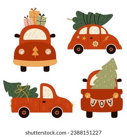 Retor Christmas cars clipart in cartoon flat style	