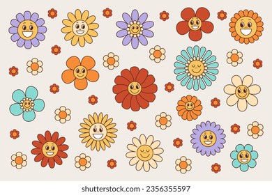 Retor groove flowers smile set 1970 style, Vintage collection of flowers with faces cute children stickers, Vector icons 60.