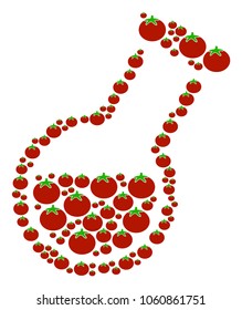 Retort composition of tomato in variable sizes. Vector tomatoes elements are composed into retort collage. Salad vector illustration.