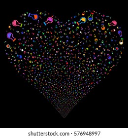 Retort fireworks with heart shape. Vector illustration style is flat bright multicolored iconic symbols on a black background. Object valentine heart constructed from confetti pictographs.