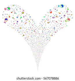 Retort fireworks stream. Vector illustration style is flat bright multicolored iconic symbols on a white background. Object double fountain combined from random symbols.