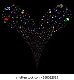 Retort fireworks stream. Vector illustration style is flat bright multicolored iconic symbols on a black background. Object double fountain constructed from random icons.
